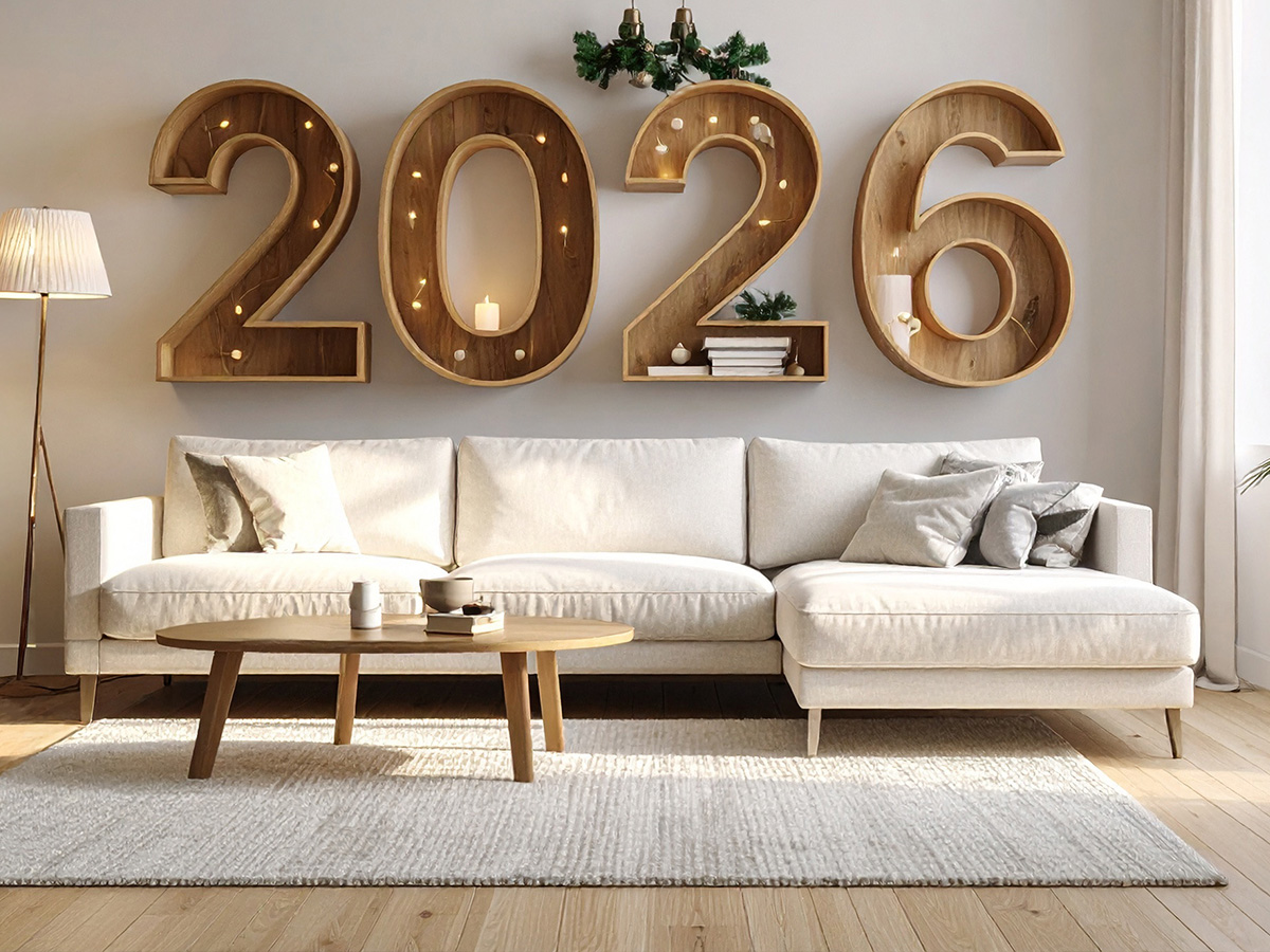 Ein großes Holzregal mit der Jahreszahl 2026 an der Wand in einem Wohnzimmer mit weißer Couch.