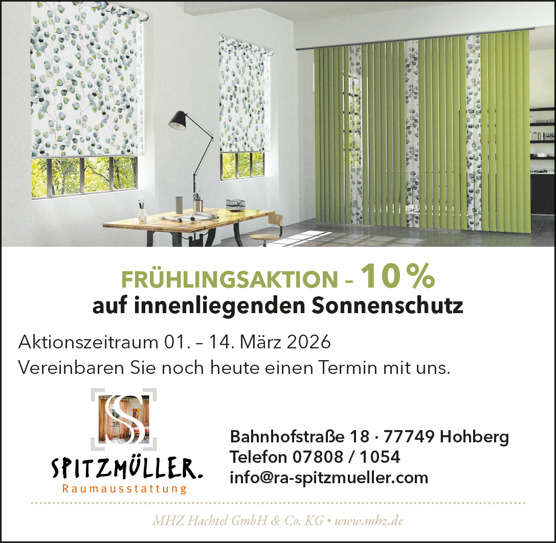 Frühjahrsaktion. Minus 10 Prozent auf inenliegenden Sonnenschutz. Aktionszeitraum: 01. bis 14. März 2026.